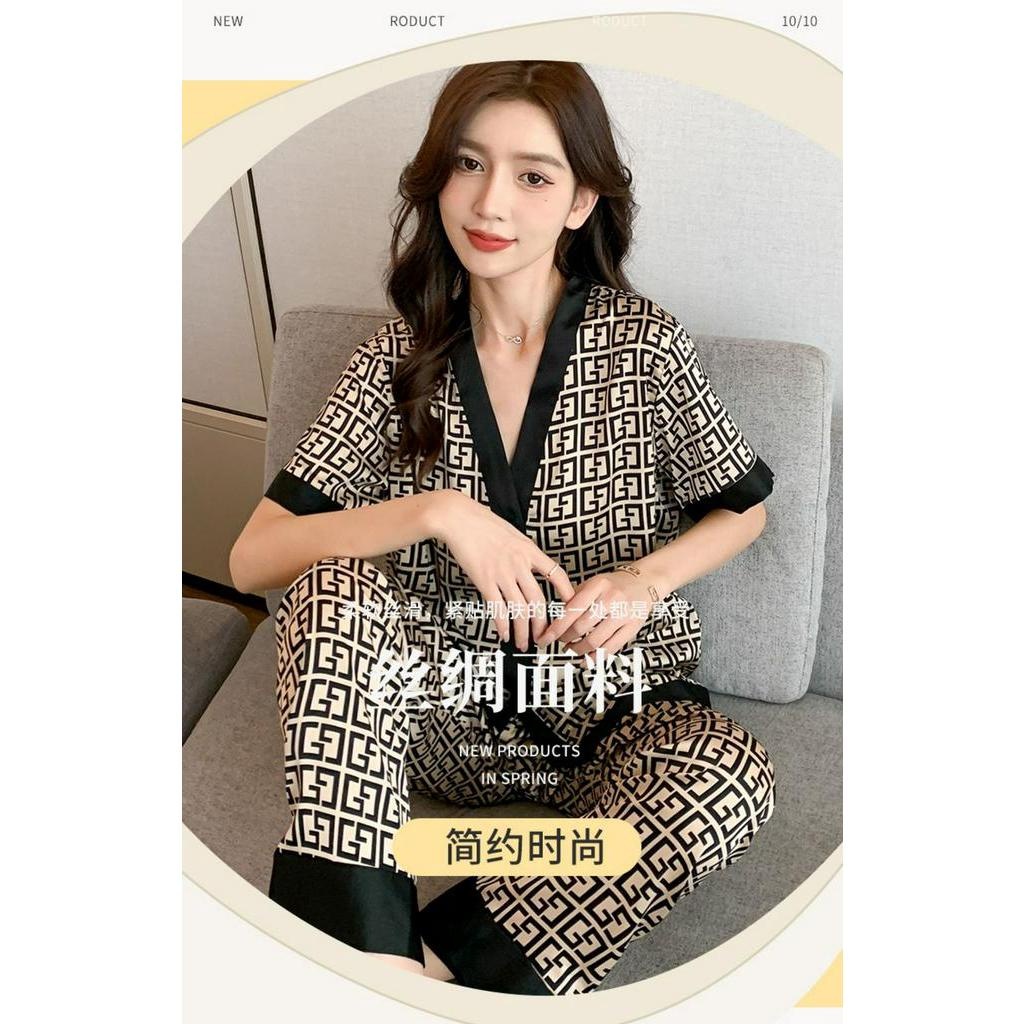 Ice Silk Pamas Women's Spring And Summer Thin Homewear Short-sleeved Cardigan Satin Large Size Sleepwear