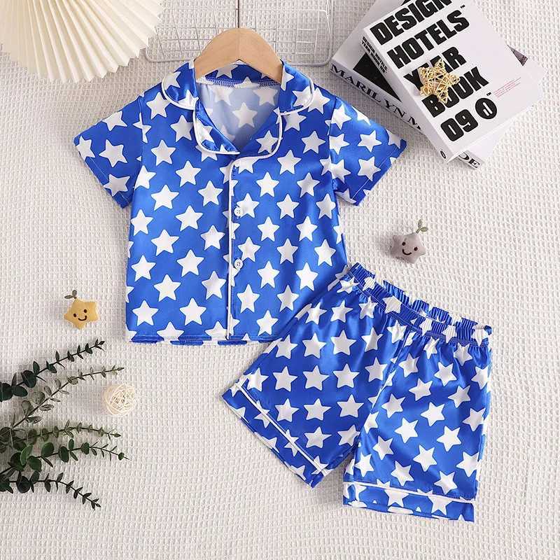 Childrens Pajama Set with Star Print Top and Bottom 2 Pieces Boys Pajamas Childrens Collar Home ClothingW240716