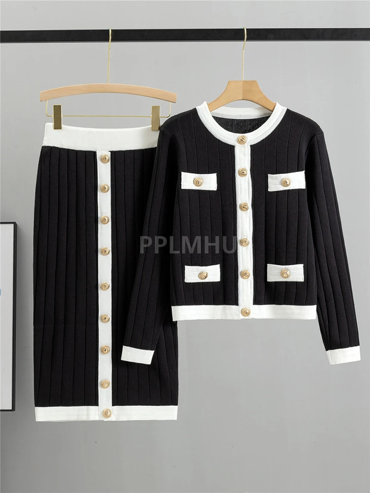 Korean Vintage Knit Skirts Sets Women Slim Oneck Short Sweater Cardigan 2 Piece Suits Chic Button Malhas Faldas Conjunto 240715