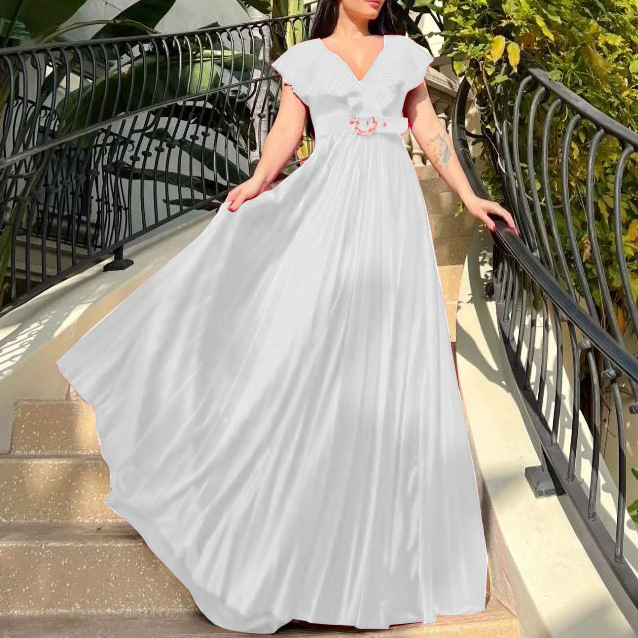 Oversized V-neck solid color pleated lotus leaf edge skirt formal dress dress