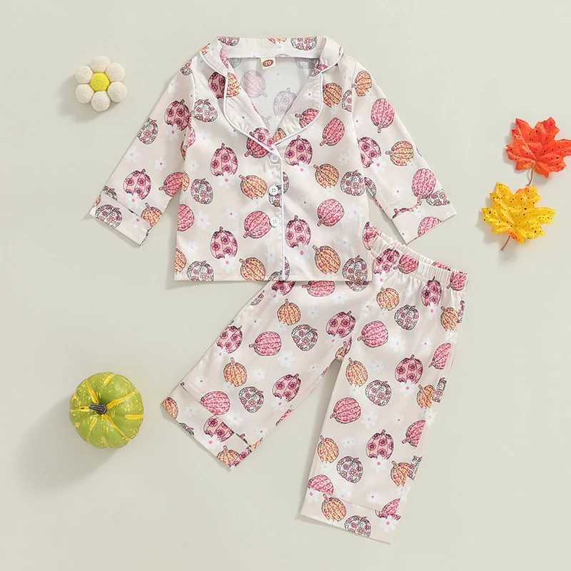 Halloween pajama set for children and girls pumpkin print long sleeved top elastic waist pants autumn satin 2-piece pajamasW240716