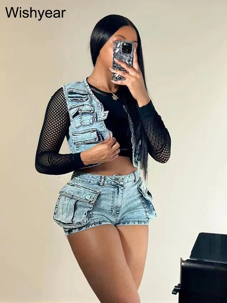Sexy Stretch Denim Pockets Sleeveless Vest Jackets Crop Tops and Shorts Jean Two 2 Piece Set Birthday Club Beach Outfits 240716