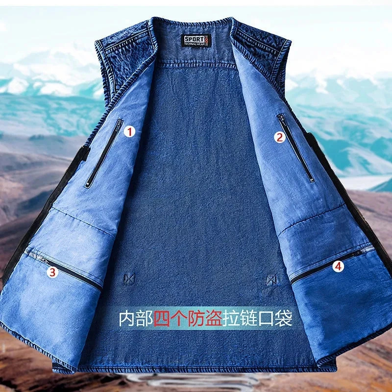Men Vest Denim Waistcoat Jacket Deep Blue Male Sleeveless Coat Spring Autumn MultiPocket Jeans Gilet Outwear Chalecos 240716
