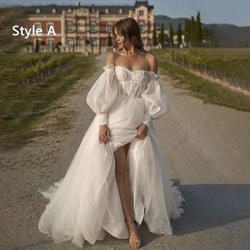Sexy Off Shoulder Lace Applique Beach Wedding Dress Boho Side High Slit Floral Bridal Gown Sleeveless Vestidos de Novia Custom Made
