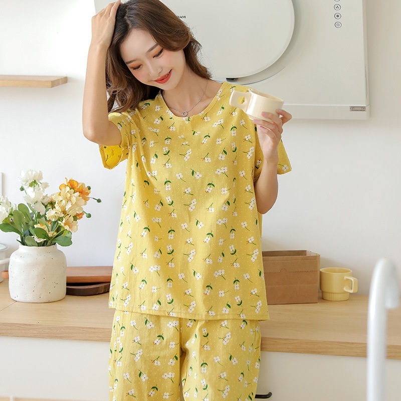 Gauze Pamas Women's Summer Short Sleeved Capri Pants Set Japanese Sweet Floral Pure Cotton Home Clothes