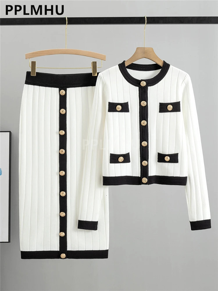 Korean Vintage Knit Skirts Sets Women Slim Oneck Short Sweater Cardigan 2 Piece Suits Chic Button Malhas Faldas Conjunto 240715
