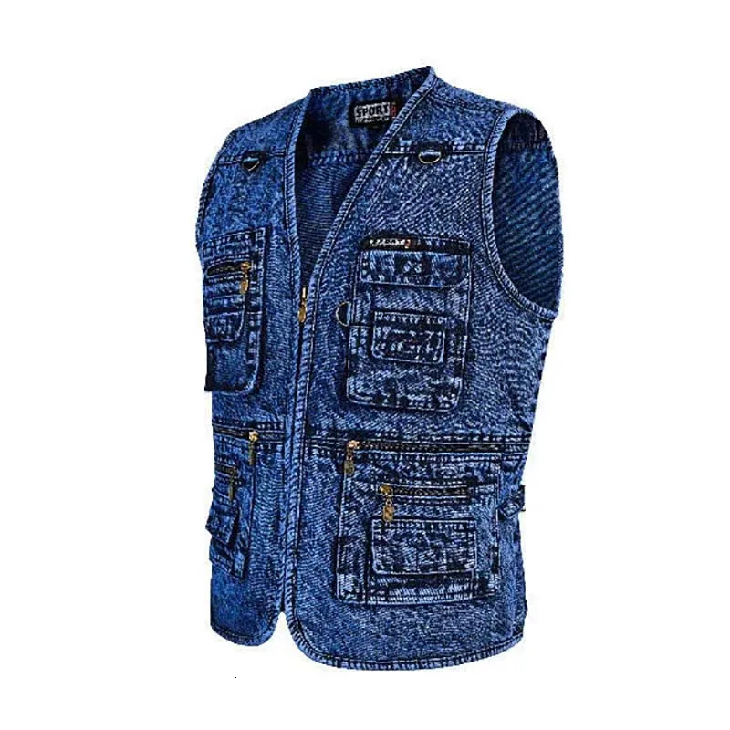 Men Vest Denim Waistcoat Jacket Deep Blue Male Sleeveless Coat Spring Autumn MultiPocket Jeans Gilet Outwear Chalecos 240716