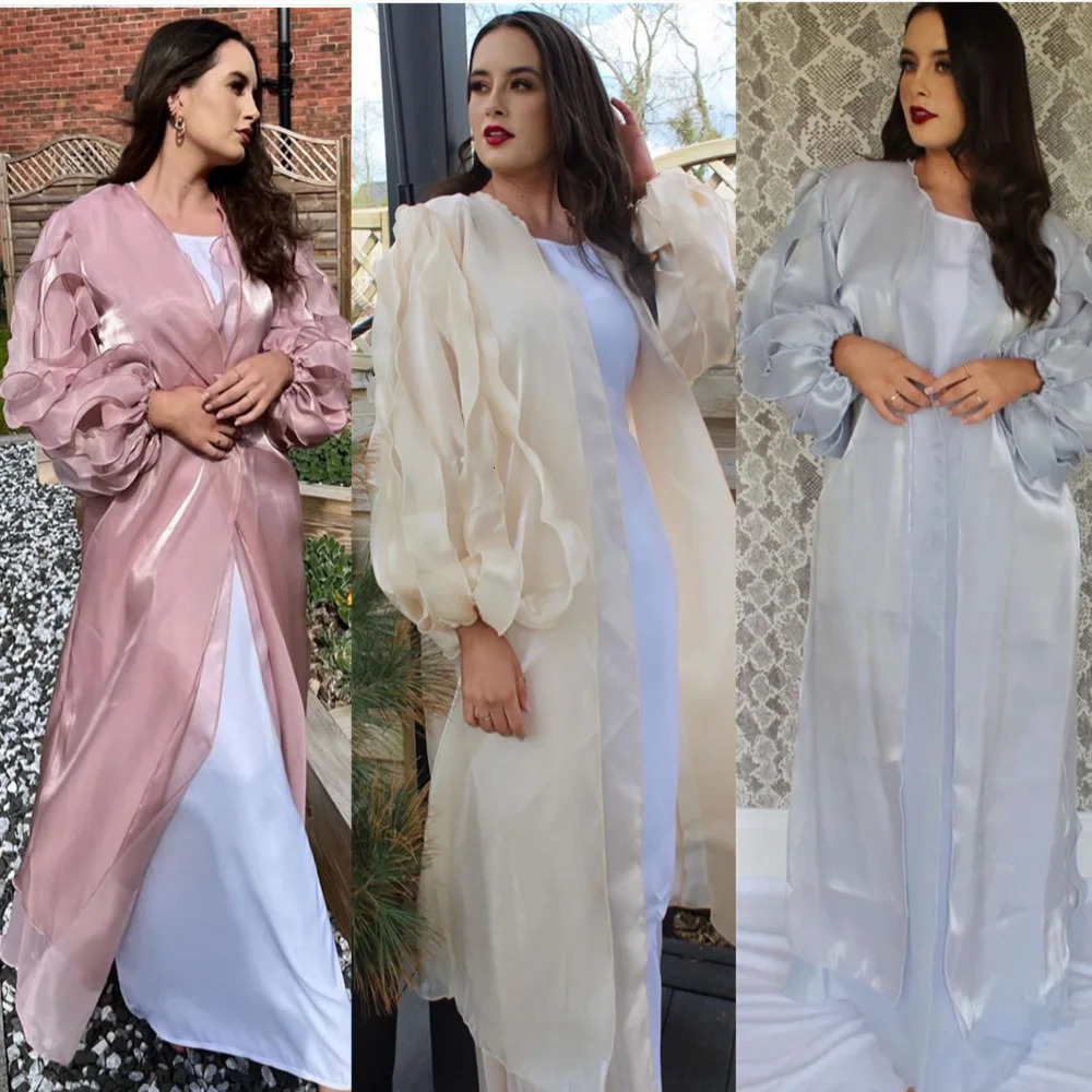 Women Elegant Satin Ruffle Party Dress Abaya Dubai Turkey Shiny Pleated Kimono Muslim Long Cardigan Islamic Robe Femme Musulman 240712