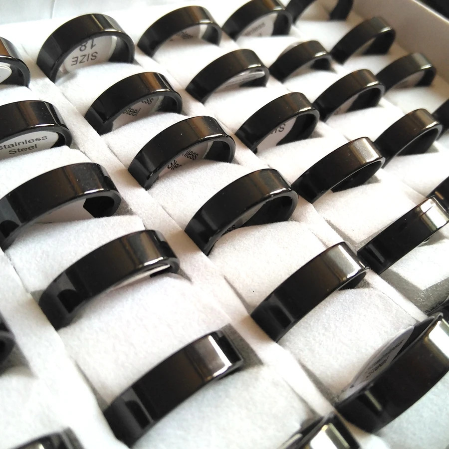 100 pieces wholesale mixed batch 4MM 6MM 8MM black flat band comfortable fit 316L stainless steel ring unisex jewelry selling 240805