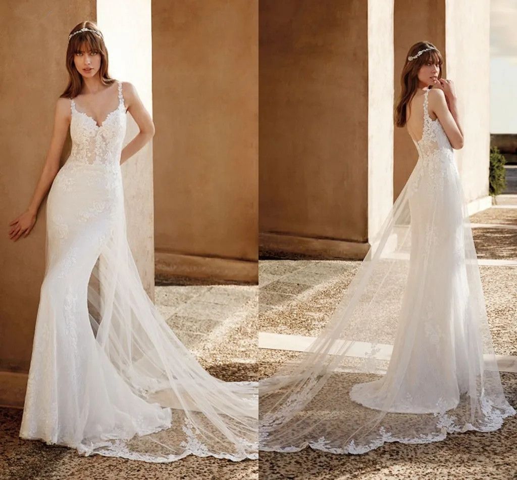 Spaghetti Straps Lace Mermaid Wedding Dresses For Women Roamantic Tulle Wrap Skirt Boho Garden Bridal Gowns Sexy Backless Bride Reception Robes de Cus