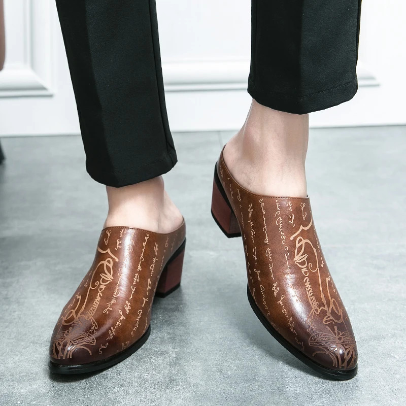 Summer High Heel Mules Men Half Shoes For Man Leather Slippers Mens Casual Shoes Formal Loafers Dress Male Slides Sandals 240718