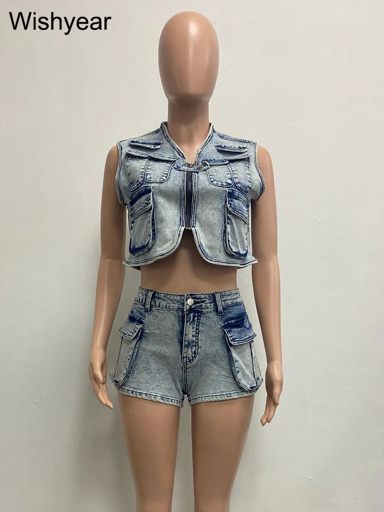 Sexy Stretch Denim Pockets Sleeveless Vest Jackets Crop Tops and Shorts Jean Two 2 Piece Set Birthday Club Beach Outfits 240716