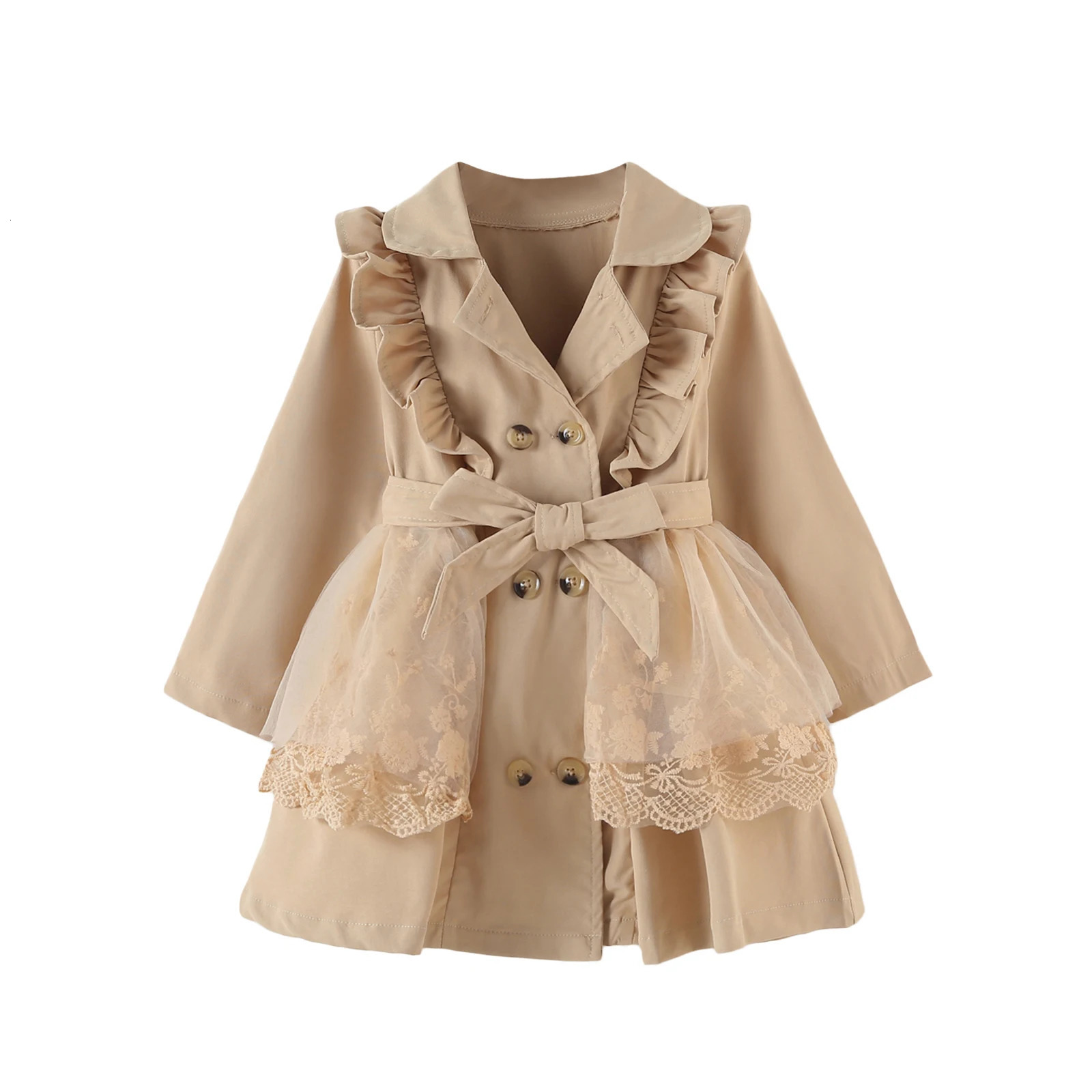 Kid Baby Girl Winter Trench Coat Lace Mesh Patchwork Long Sleeve Lapel Ruffle Double Breasted Windbreaker Outwear with Belt 2-7T 240711