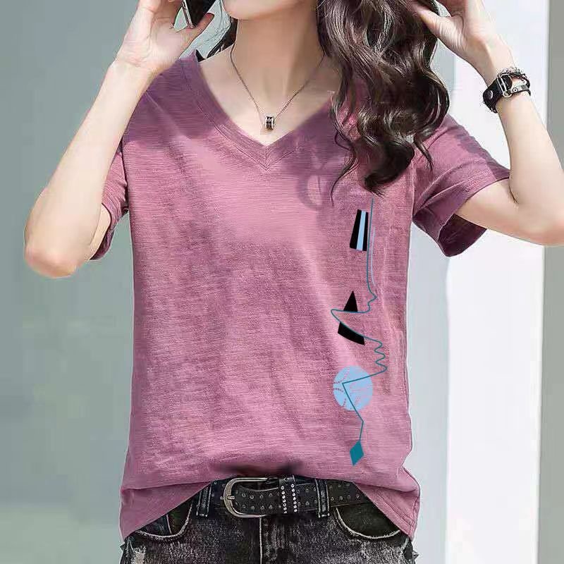 Female Korean Version Of Hot-Selling Bamboo Cotton V-neck tops Women's Short-Sleeved New Loose T-Shirt