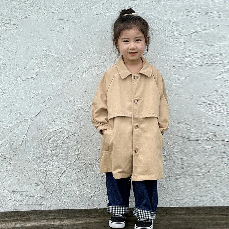 Childrens Coat Autumn Mid-long Girls Trech Coats Solid Lapel Boys Windbreaker Jacket Toddler Kids Cotton Outerwear Trench 240711