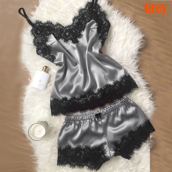 Ready Stock Women's Pama Cami Silky Lace Nightwear 2 Piece Set Lingerie Short Sleepwear