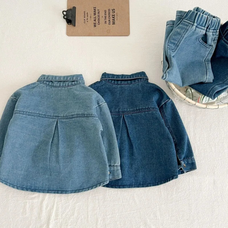 Childrens Korean Spring Suit Boys Long-sleeved Denim Shirt Jackets Denim Trousers Two-piece Baby Girls Autumn Jeans Top Pants 240713