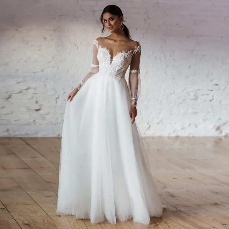 Luxury Long Jewel Neck Tulle Wedding Dresses Full Sleeves with Appliques A Line Floor Length Party Gowns for Bridals Custom Made
