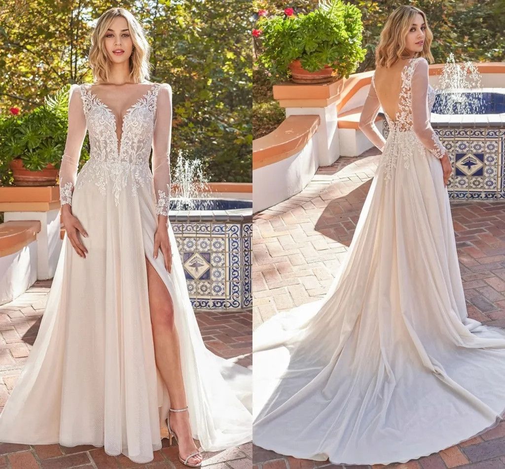 Stylish Lace A Line Wedding Dresses Plunging V Neck Sexy Thigh Split Boho Beach Bridal Gowns Long Sleeves Reception Party Dress Custom Made