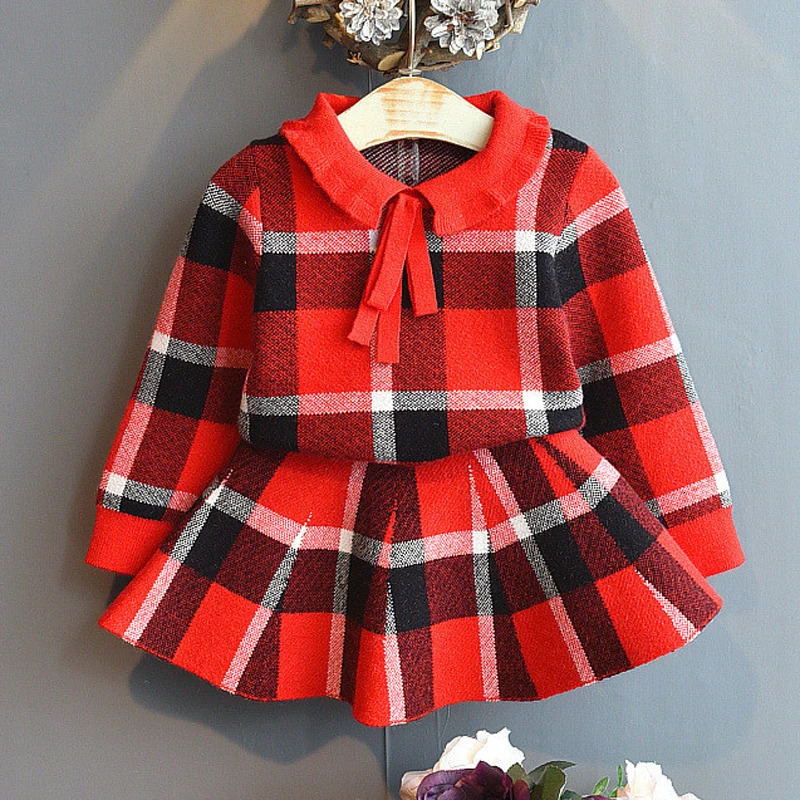 Girls Sets ChildrenS Clothing Autumn Winter Plaid Bow School Student Suit Knit Sweater Short Skirt 2pcs Kids Outfits 240713