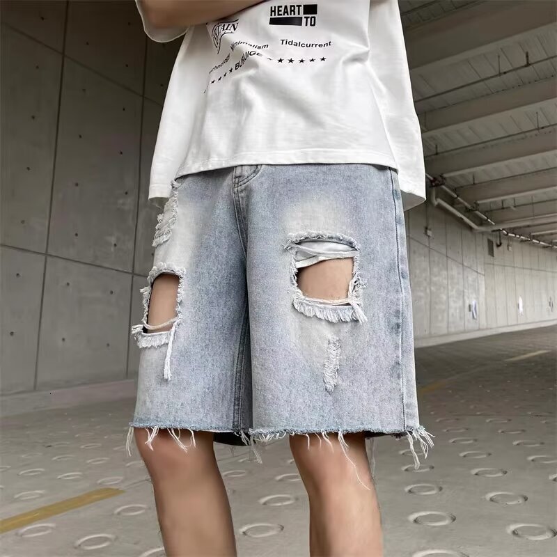 Denim shorts, men's summer thin style with distressed edges, design sense of niche high street trendy brand Instagram new five part pants