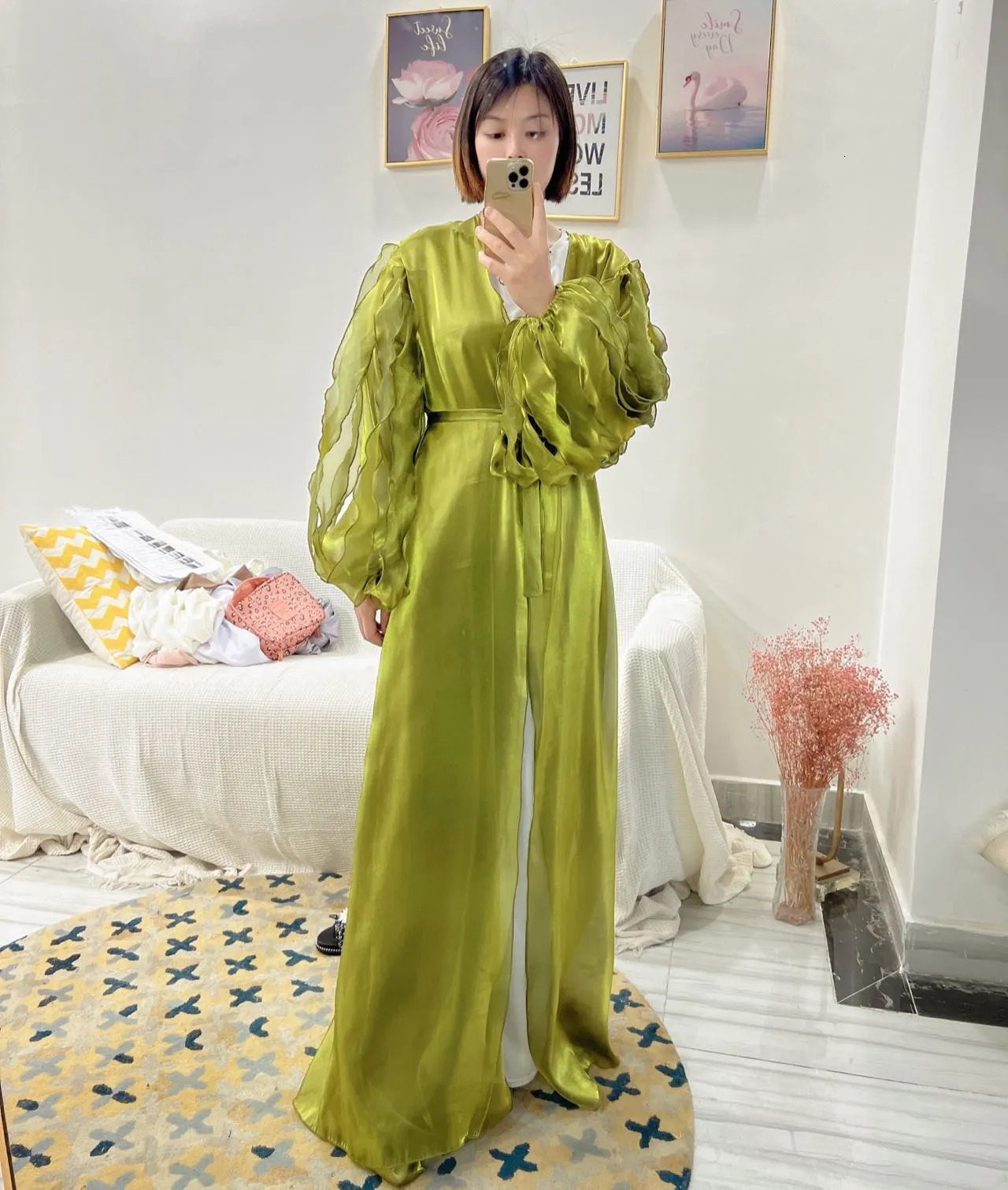 Women Elegant Satin Ruffle Party Dress Abaya Dubai Turkey Shiny Pleated Kimono Muslim Long Cardigan Islamic Robe Femme Musulman 240712