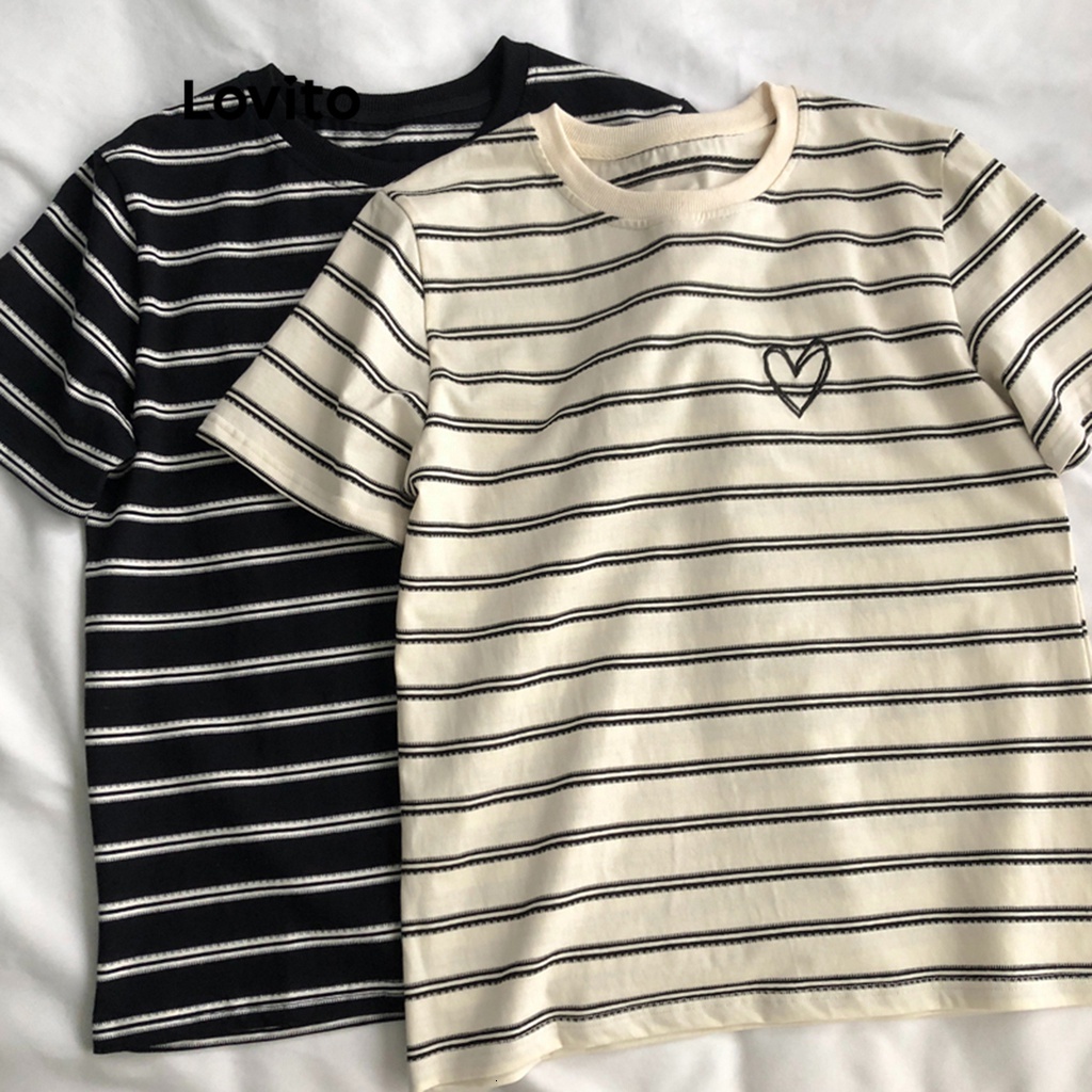 Lovito Casual Striped Round Neck Heart Print T-Shirt for Women LNE24003 (Apricot/Black)