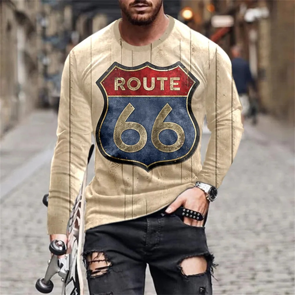 Route 66 Letter 3D Printed Tshirt Coat Tshirts Mens Clothing Retro Motorcycle Tee Playing Card Long Sleeve 240715