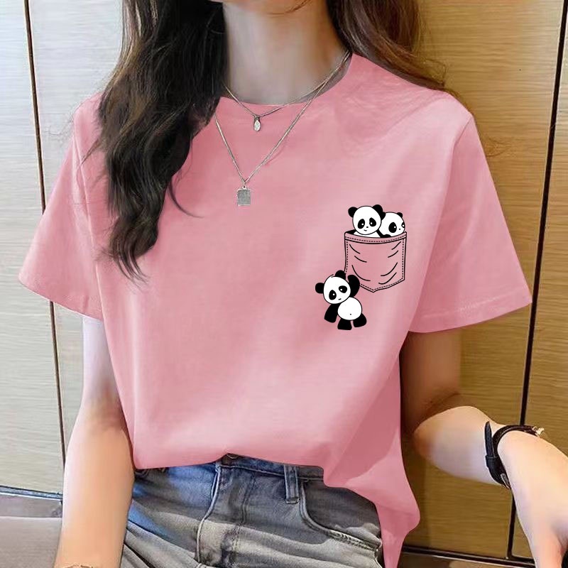 Year's clothing, women's tops, new Women's Short Sleeve Top Summer New pocket panda Cartoon Printed T-shirt Korean fashion tops Loose r