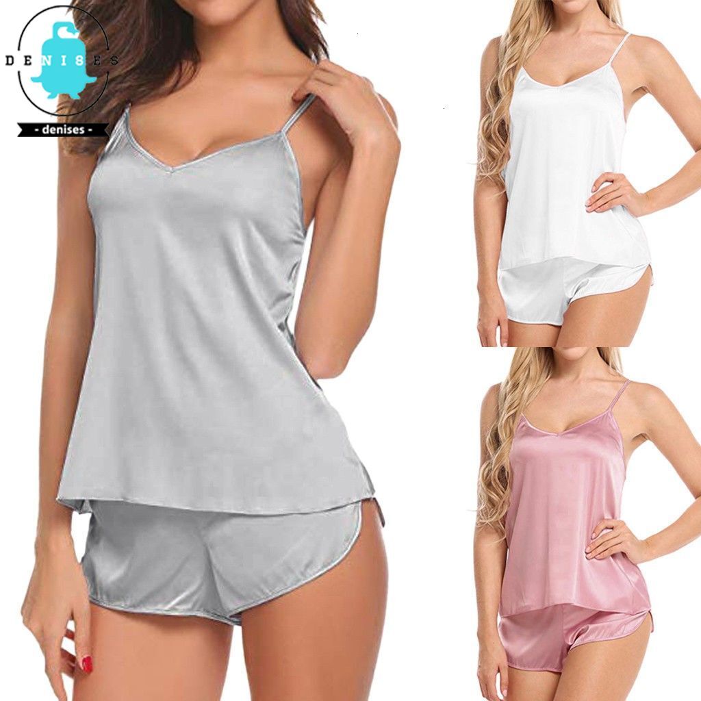 d n i e s Women Sexy-Lingerie Sleepwear Satin Silk Babydoll Lace Up Nightwear Pamas Set soft