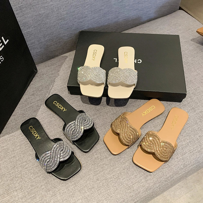 2024 Summer Flat Heel Rhinestone Ladies Shoes Women Fashion Rhinestones Sandals High quality Outdoor Beach Slides Slippers 240719