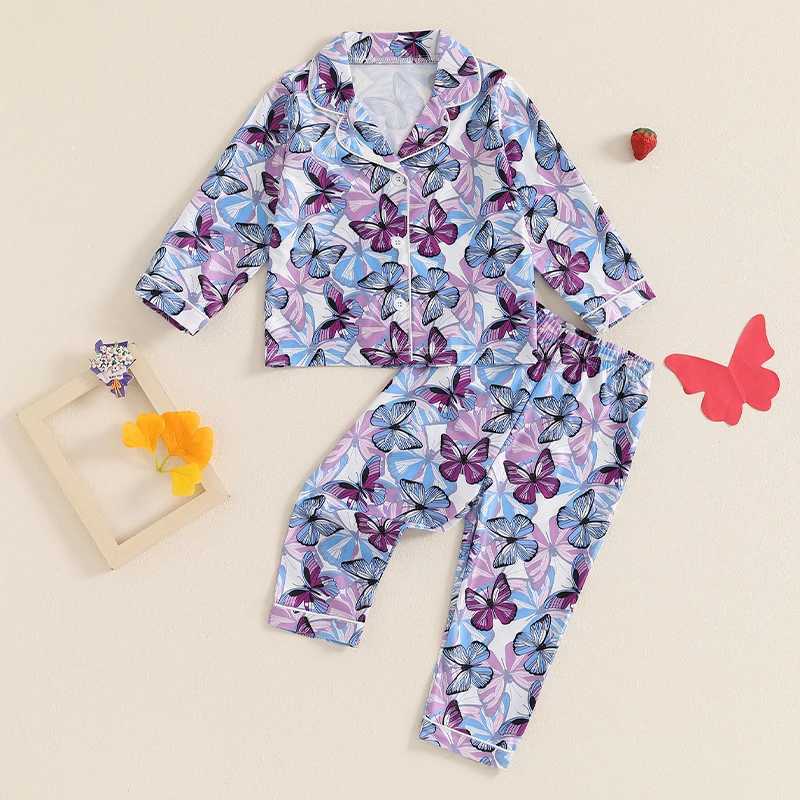 Childrens and Girls Autumn/Winter Pajama Set Butterfly/Cherry/StrAWberry Printed Long Sleeve Shirt Top Long Pants 2-piece Lounge W240716