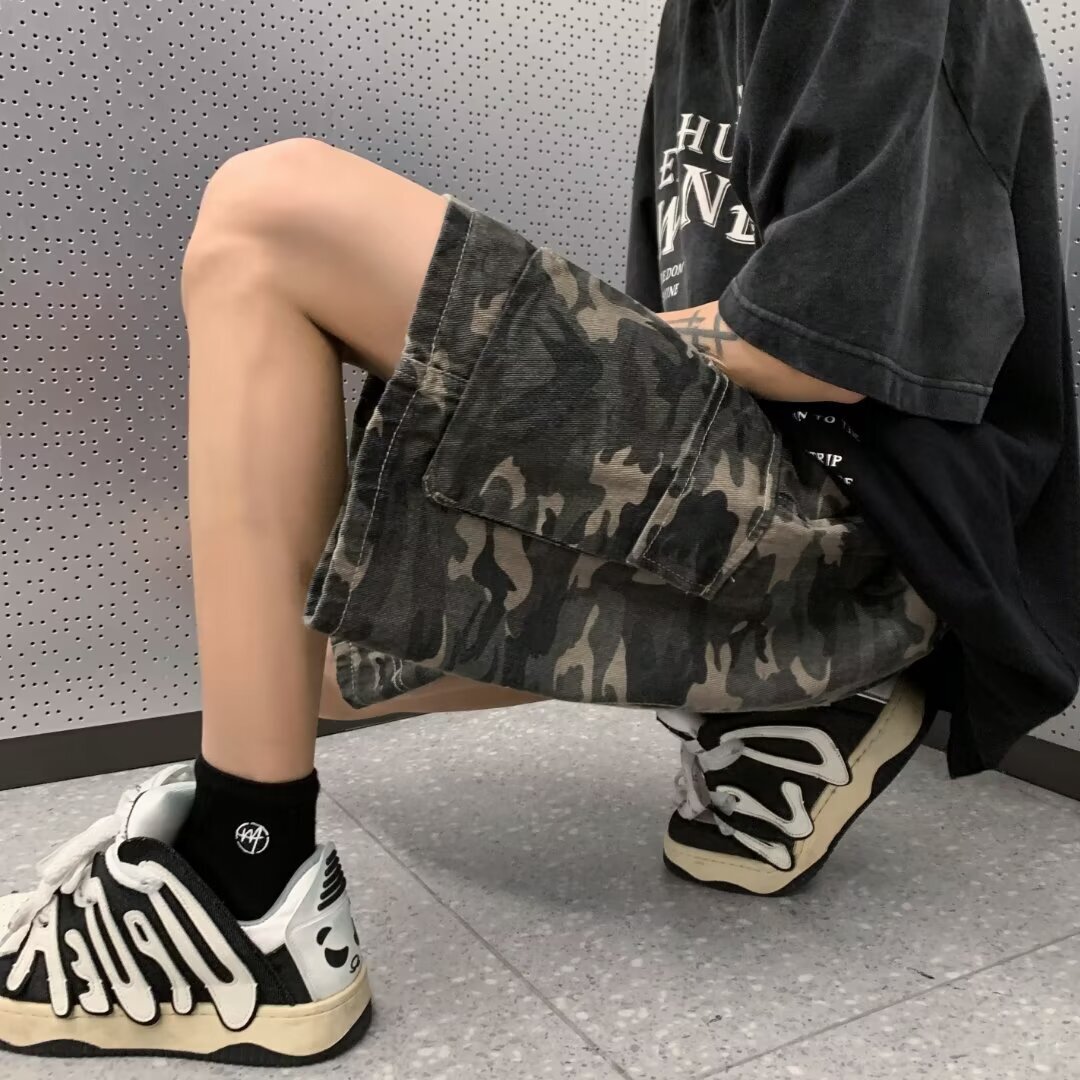Camouflage workwear, denim shorts, men's summer trendy brand, large size, loose and versatile, American high street hooligan handsome five quarte
