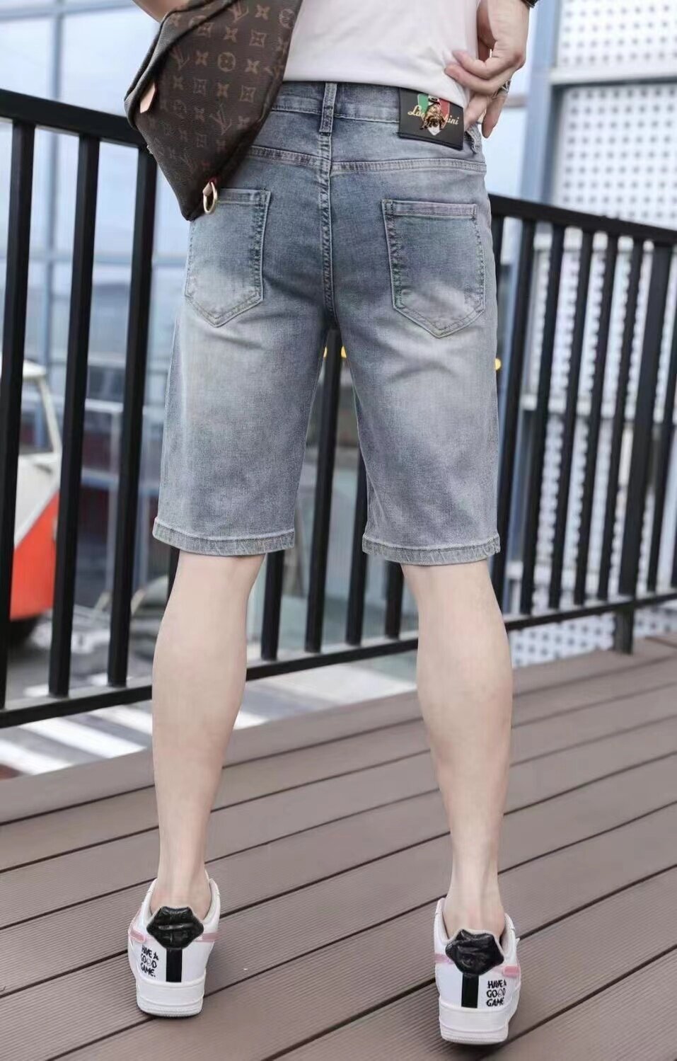 European station men's Denim Shorts summer cropped trend slim fitting breeches casual elastic pants