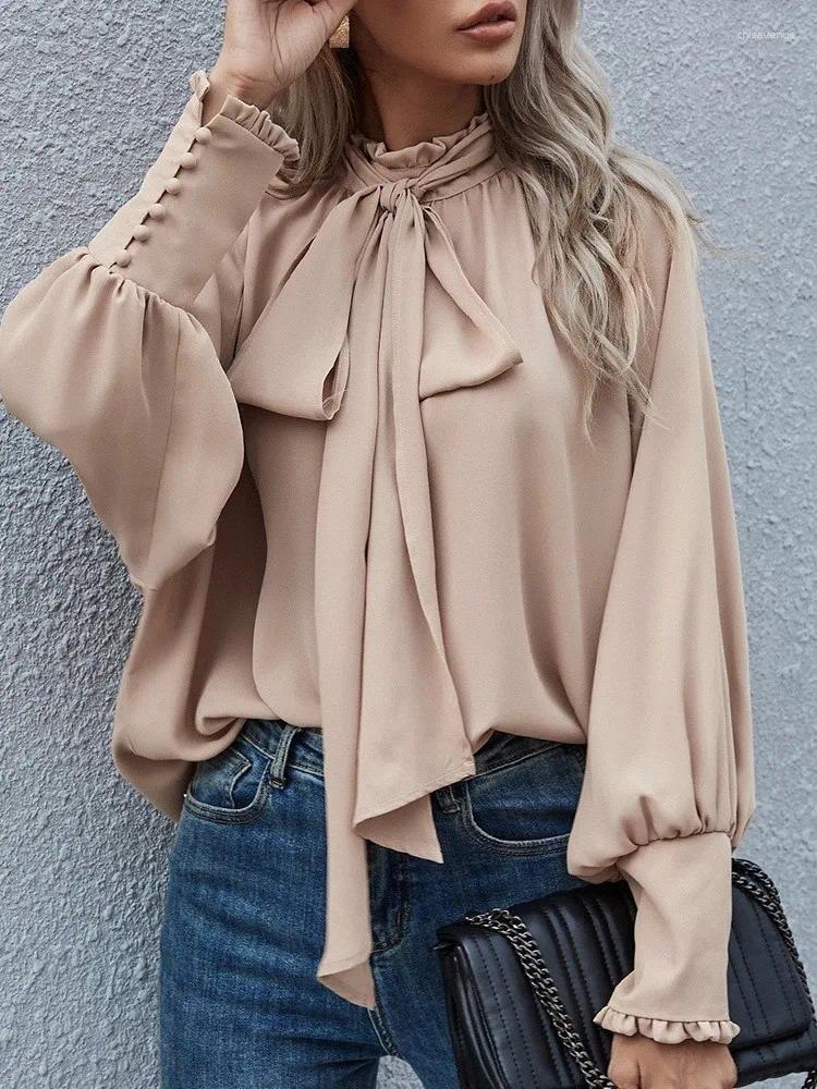 Women's Blouses Fashion Solid Color Chiffon Shirts Women Bowknot Leace-up Sleeve Temperament Elegant Lady Trendy Commuting Clothing