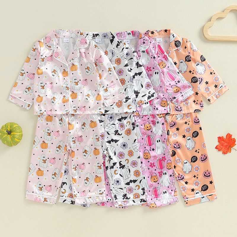 Visgogo Preschool Girls Halloween Pajama Set Long Sleeve Collar Ghost Pumpkin Printed Shirt Elastic Waist Pants Satin W240716