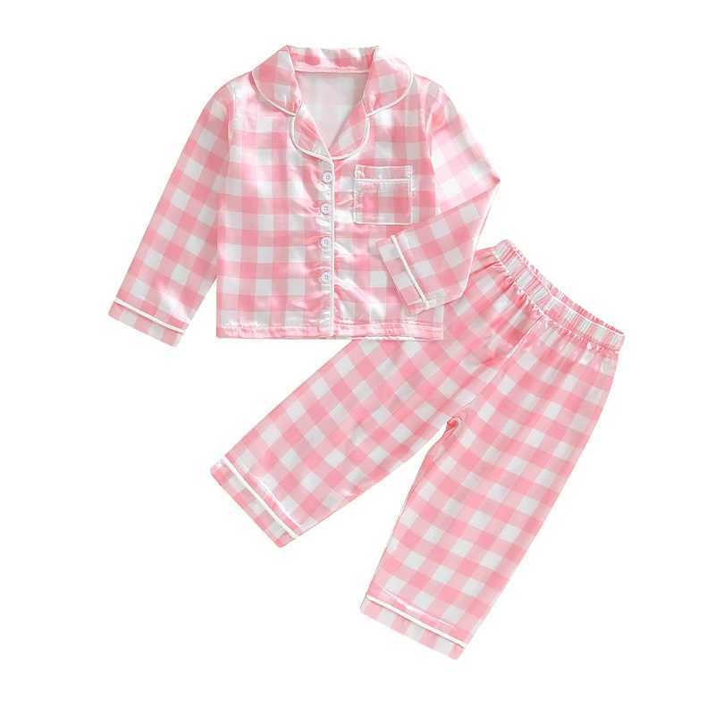 Childrens and womens satin sleepwear autumn set plain printed button down shirt long pants bottom sleepwear lounge setW240716