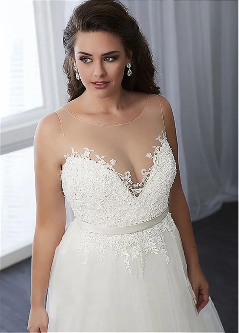 Plus Size A Line Wedding Dresses Sheer Jewel Neck 2024 Boho Lace Appliqued Long Tulle Bridal Gowns Lace-up Back Vestidos De Novia Custom Made
