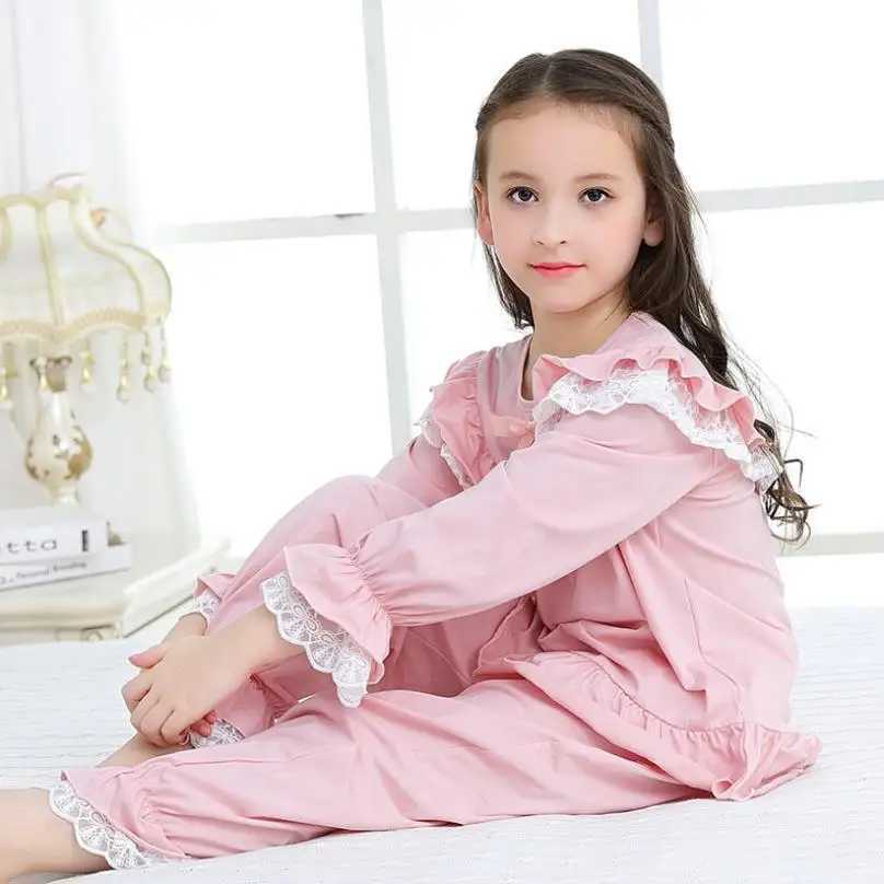 Latest girls sleepwear set childrens home clothing sleepwear cotton long sleeved lace cute princess sleepwear retro sweet sleepwear Y1254W240716