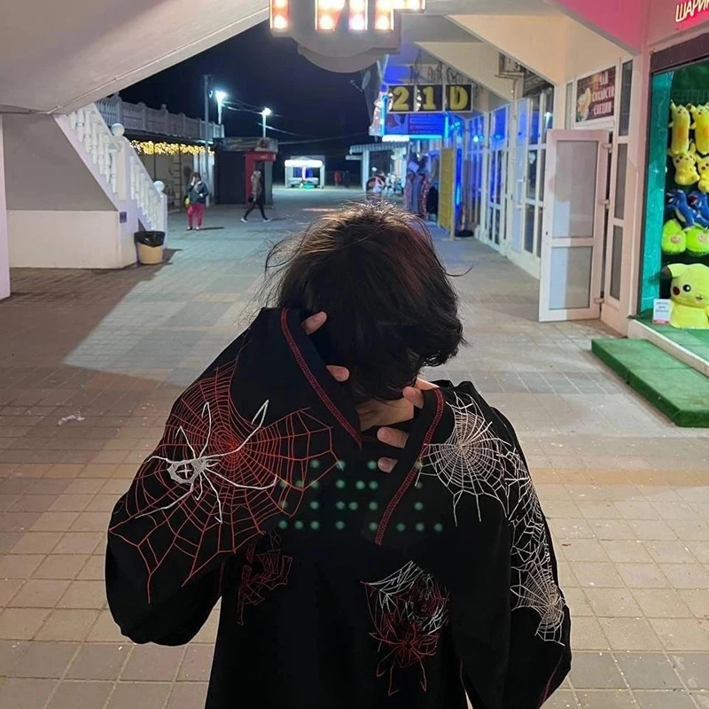 Y2K Long Sleeve Shirts Women Spider Web Graphic Print Top Spring Goth grunge Streetwear Loose Gothic Punk Top Women T Shirt emo 240717