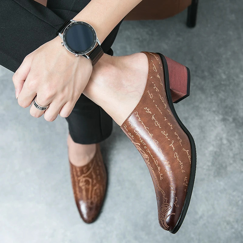 Summer High Heel Mules Men Half Shoes For Man Leather Slippers Mens Casual Shoes Formal Loafers Dress Male Slides Sandals 240718