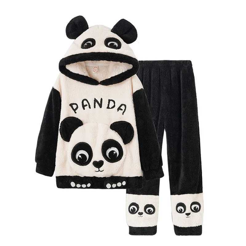 Autumn and winter childrens thick warm flannel pajamas set baby boys and girls cartoon long sleeved clothing set hooded pajamasW240716