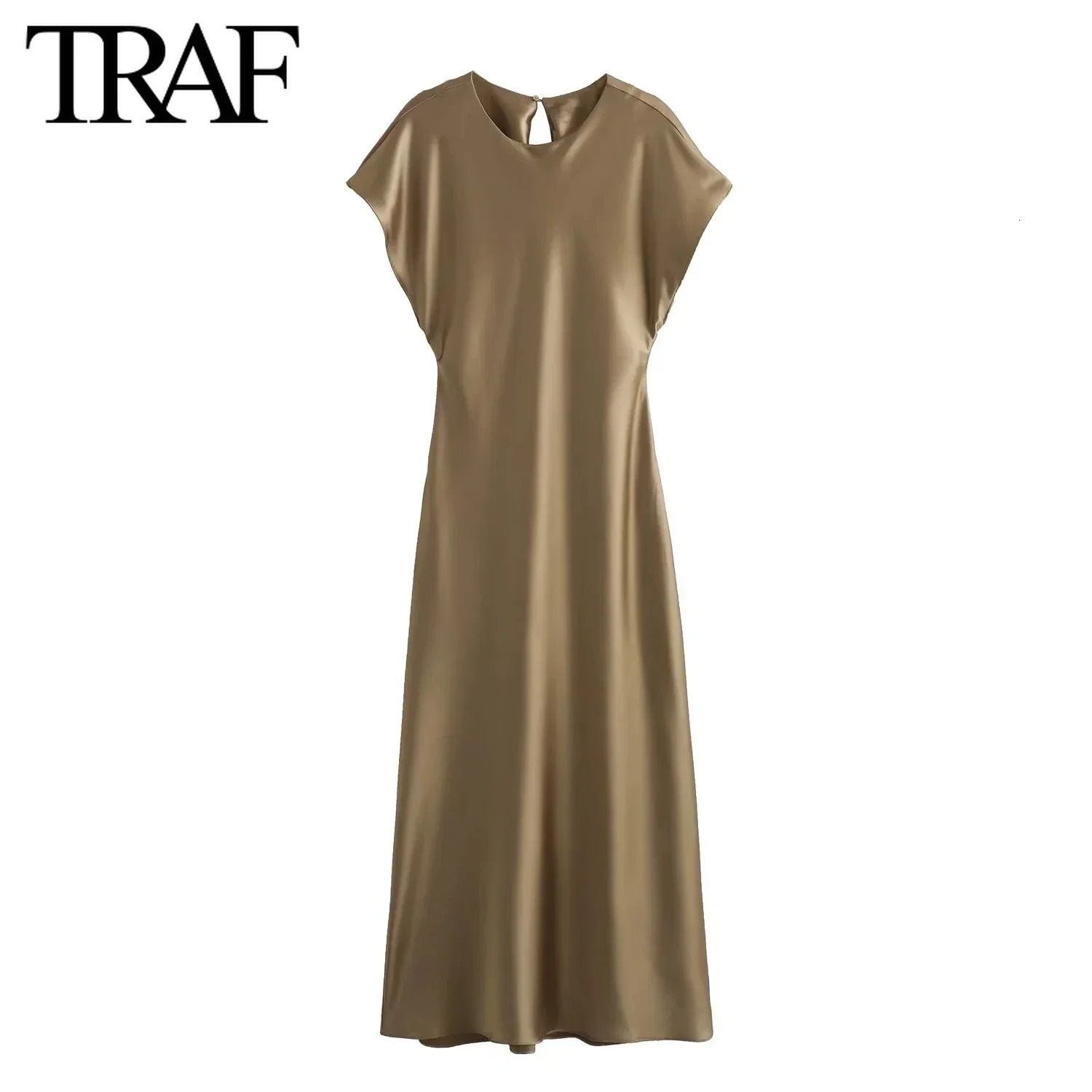 TRAF Women Fashion Summer Solid Color Sleeveless O-neck Satin Long Dress France Chic Female Evening Mujer Vestidos De Fiesta 240715
