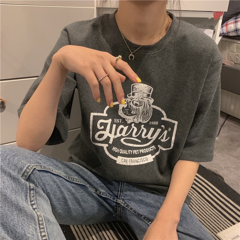 Women's T-shirt Korean Round Neck Simple Pattern Letter Printing Short-sleeved Fashion Loose Couple Top