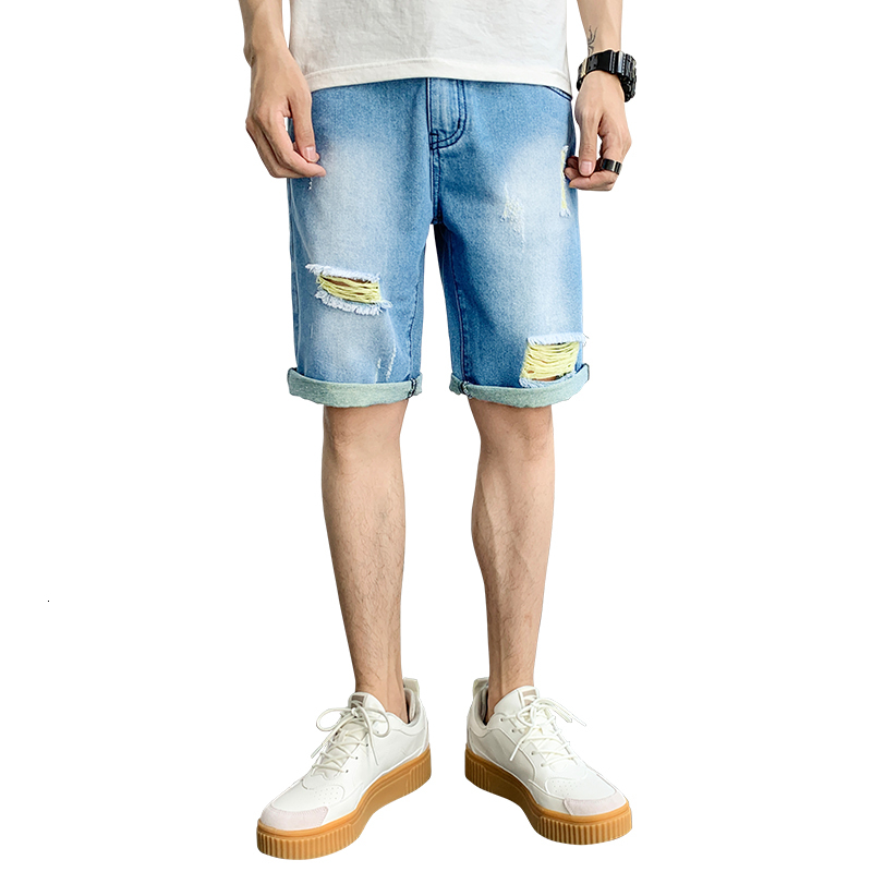 Denim shorts 2022 summer men's ripped jeans 5-point mid length pants