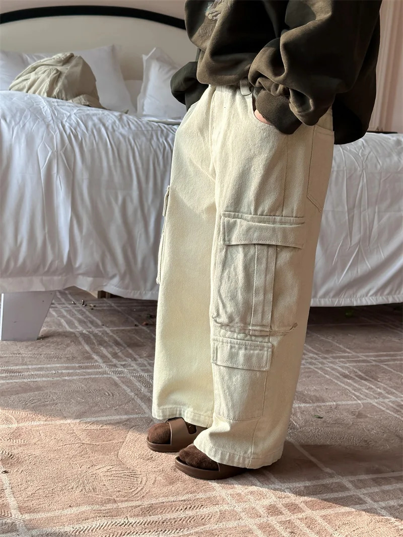 Children Clothing Kids Pants Spring Overalls Korean Style Boys and Girls Solid Color Big Pockets Casual Pants Handsome 240716