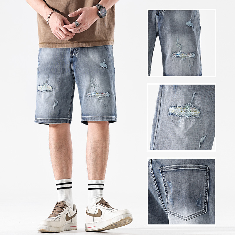 Ripped denim men's Korean version loose summer thin five inch mid length plus size shorts