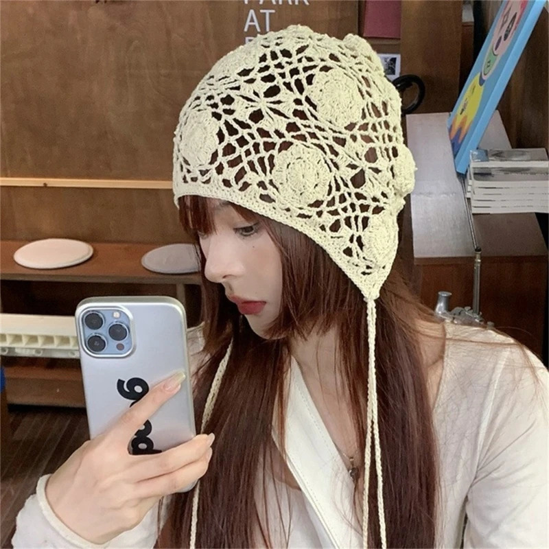Fashion Beanie Hat for Women Girl Crochets Flower Knitted Hat Ethnic Style Cap Girl Bonnet Y2K Sweet Hat Adult Headdress 240712