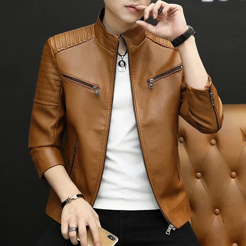 Slim Fit Short Coat Men Fashion Leather jacket Blazer Jackets Male Outerwear Men Streetwear Casual Leather Suit Jacket Men 240716