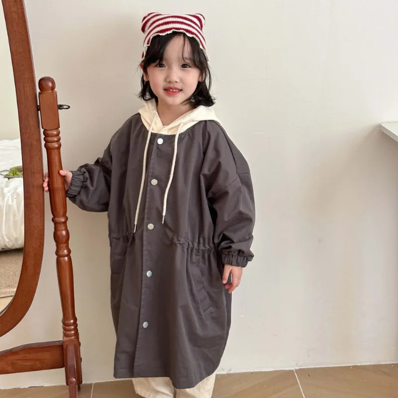 Spring Kids contrast color hooded trench jackets Boys and girls loose casual long style wind jackets 240711